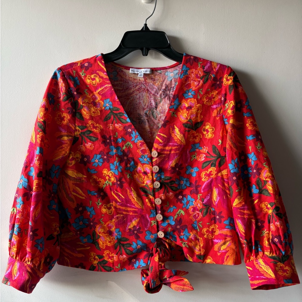 Anthropologie Maison d’ Amélie Red Floral Linen Blend Button Tie Front Top